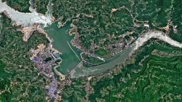 An aerial image of the Three Gorges Dam and the Yangtze River by Sentinel Hub