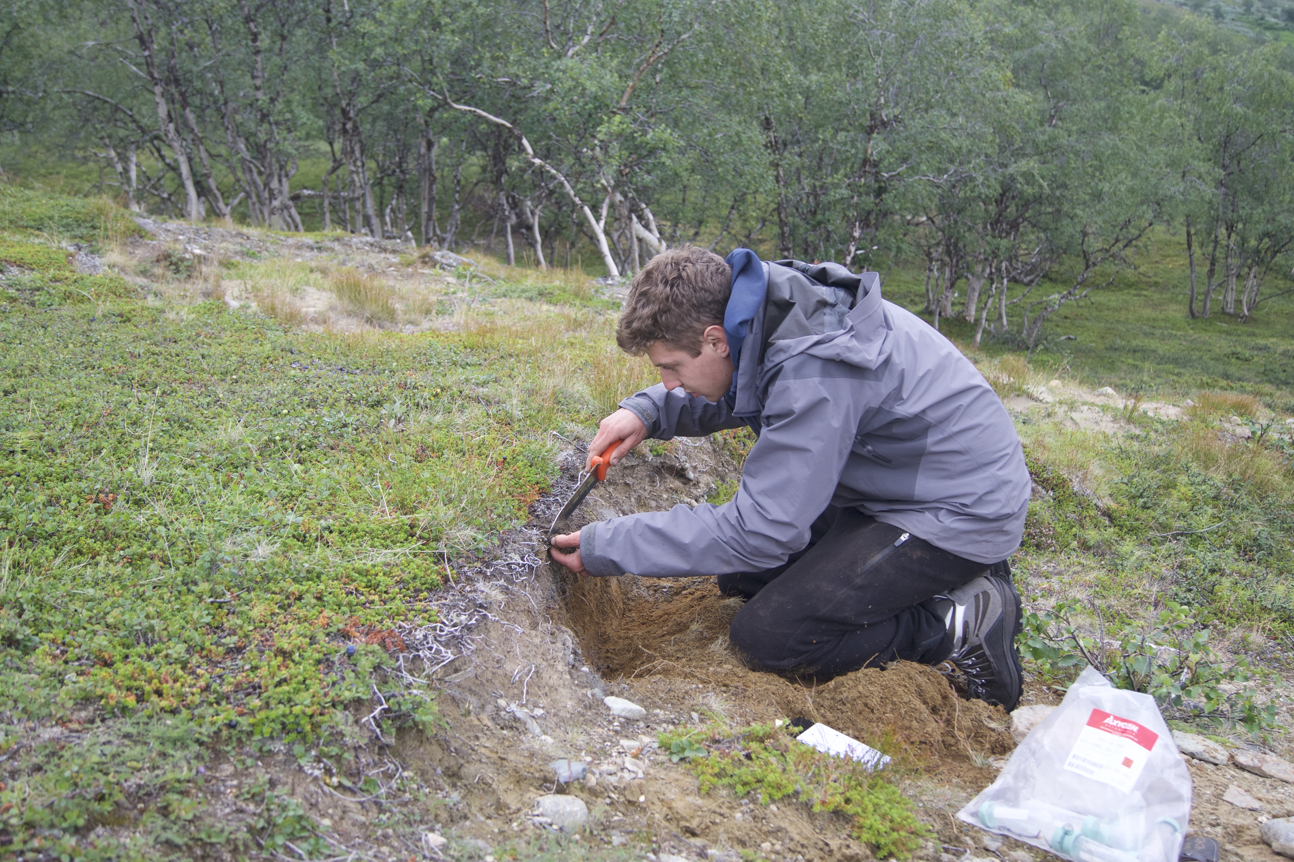 A photo of a student crouching on a hill, taking samples from the soil 